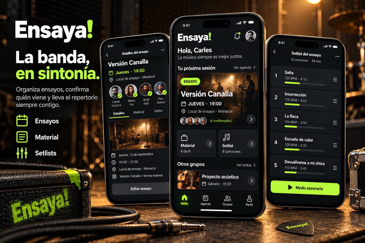 Ensaya! en el móvil: la ficha de un ensayo con quién viene, la próxima sesión de la banda y el setlist con sus canciones