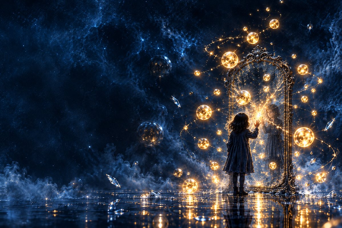Una niña toca un espejo antiguo del que escapan esferas de luz, en una noche azul